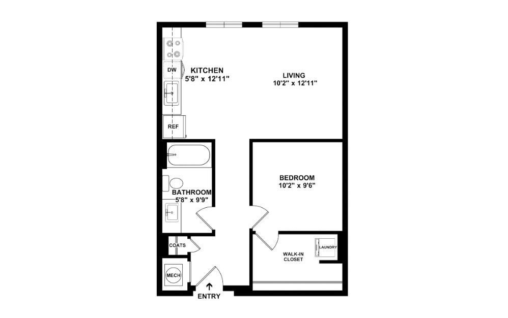 One Bedroom 1A - 1 bedroom floorplan layout with 1 bath and 694 to 702 square feet. (2D)