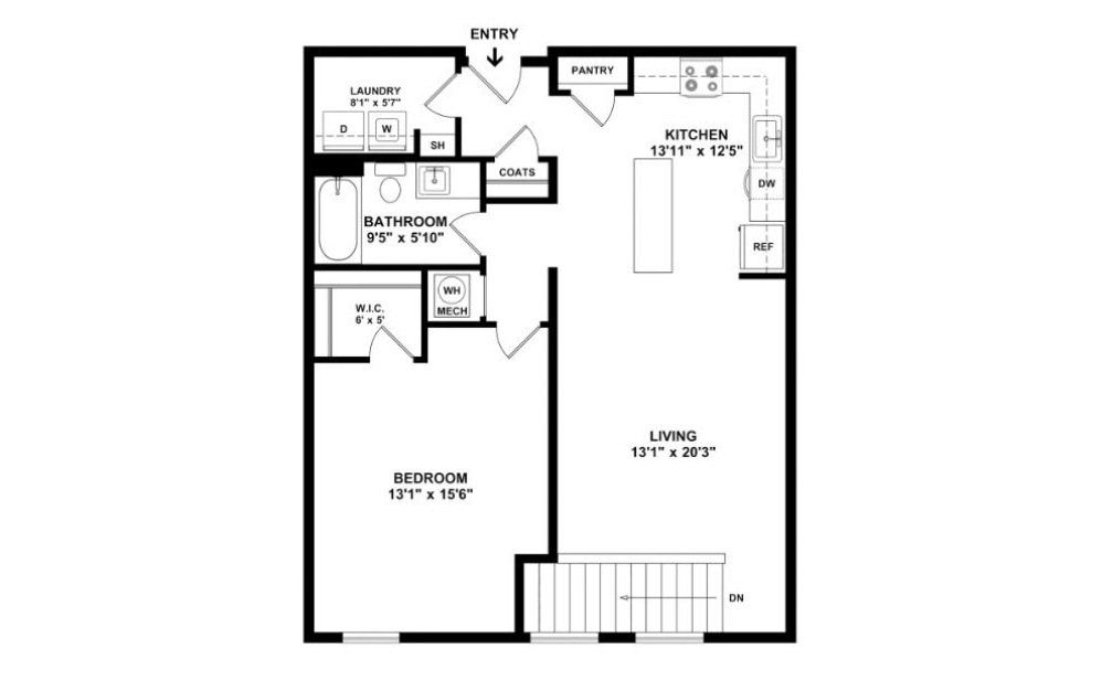 One Bedroom 1B - 1 bedroom floorplan layout with 1 bath and 872 to 882 square feet. (2D)