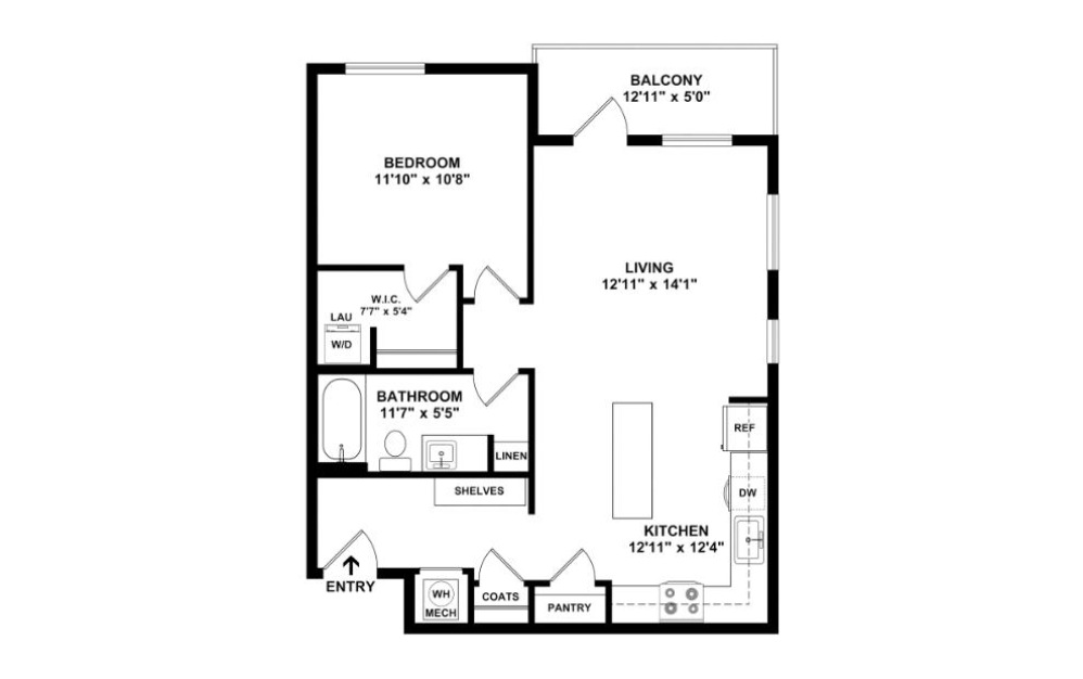 One Bedroom 1C - 1 bedroom floorplan layout with 1 bath and 703 square feet. (2D)