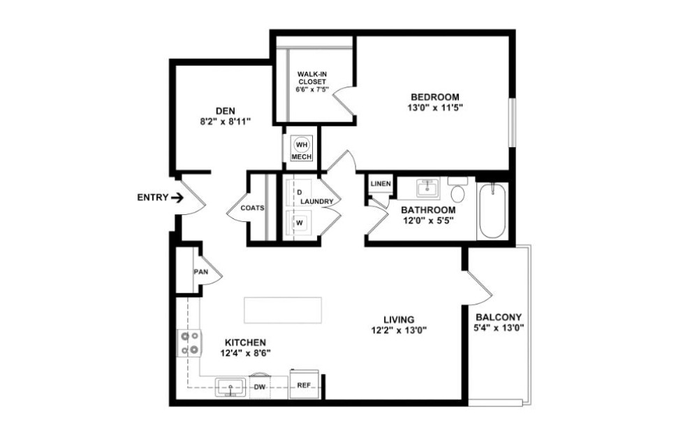 One Bedroom 1D - 1 bedroom floorplan layout with 1 bath and 786 square feet. (2D)