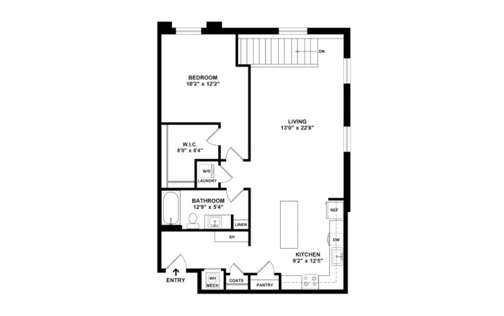 One Bedroom 1E - 1 bedroom floorplan layout with 1 bath and 876 square feet. (2D)