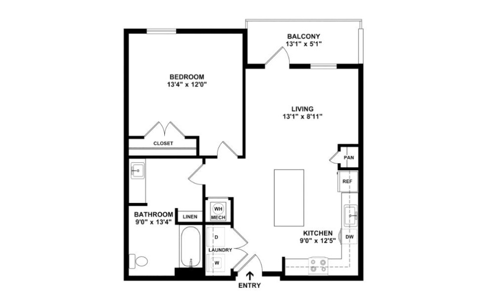 One Bedroom 1F - 1 bedroom floorplan layout with 1 bath and 765 square feet. (2D)