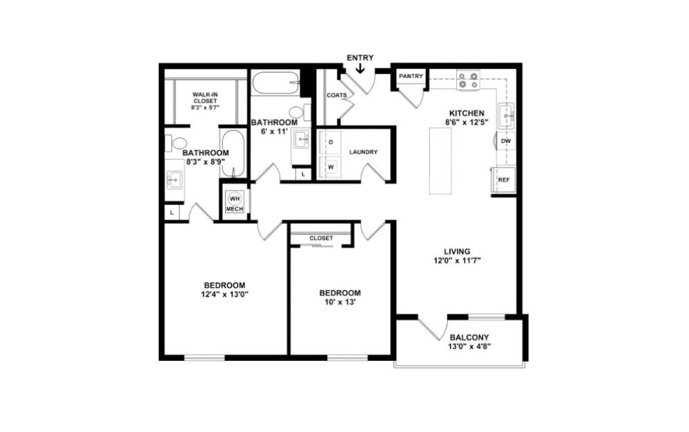 Two Bedroom 2A - 2 bedroom floorplan layout with 2 baths and 932 square feet. (2D)