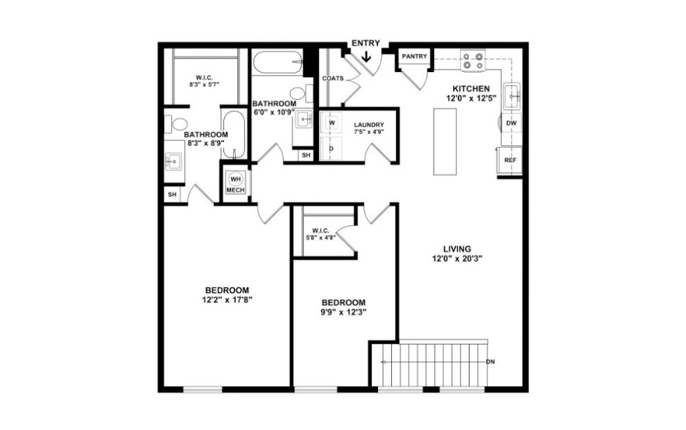 Two Bedroom 2B - 2 bedroom floorplan layout with 2 baths and 1145 square feet. (2D)