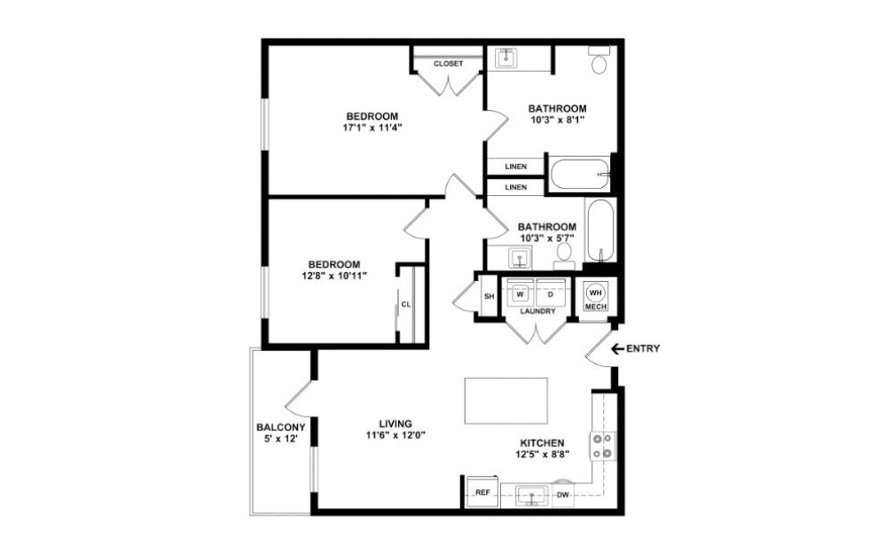 Two Bedroom 2C - 2 bedroom floorplan layout with 2 baths and 1003 square feet. (2D)