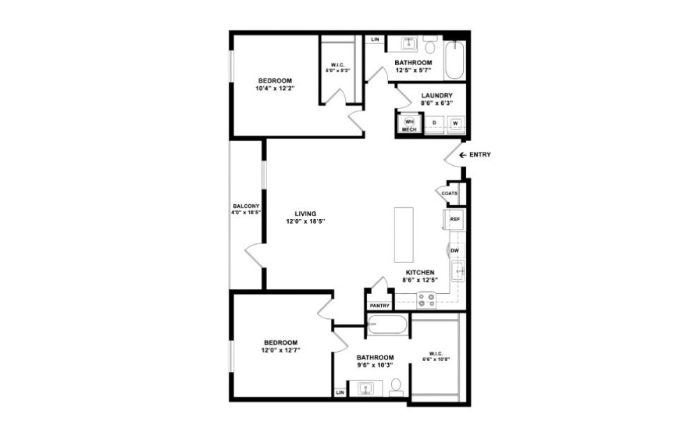 Two Bedroom 2D - 2 bedroom floorplan layout with 2 baths and 1178 square feet. (2D)