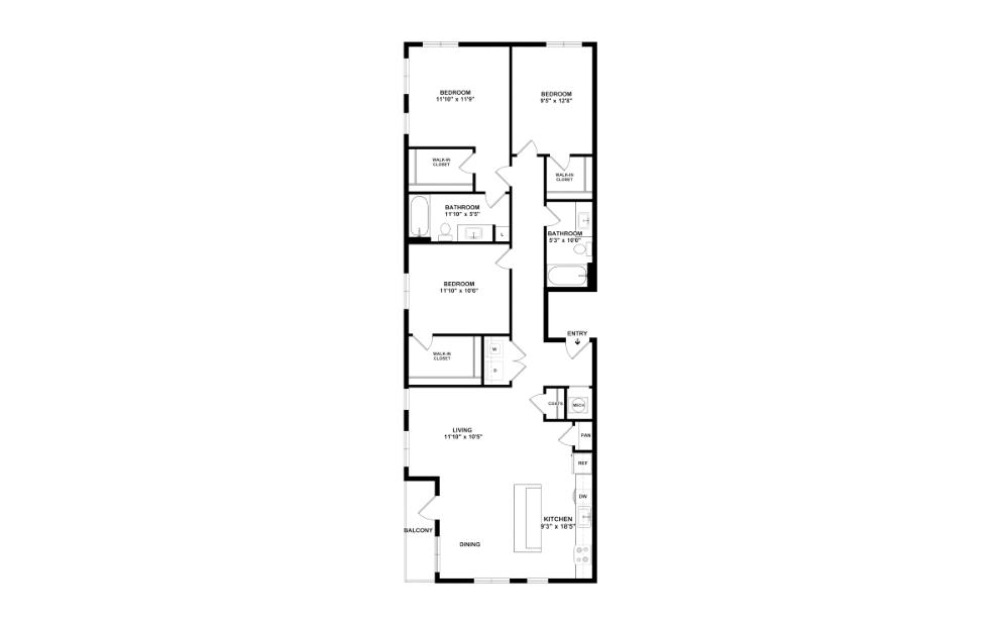 Three Bedroom 3A - 3 bedroom floorplan layout with 2 baths and 1273 square feet. (2D)