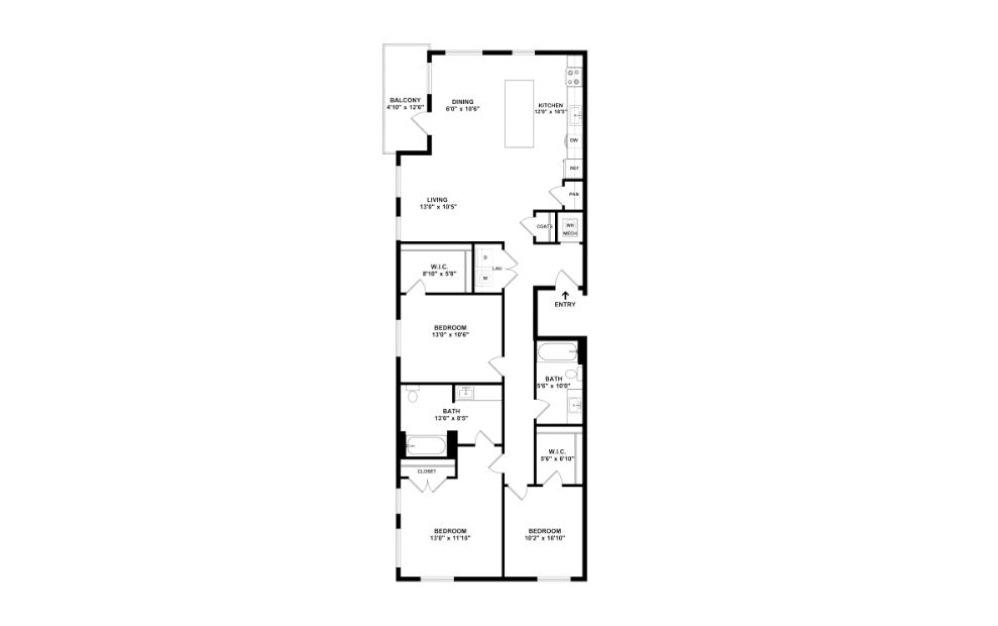 Three Bedroom 3B - 3 bedroom floorplan layout with 2 baths and 1366 square feet. (2D)