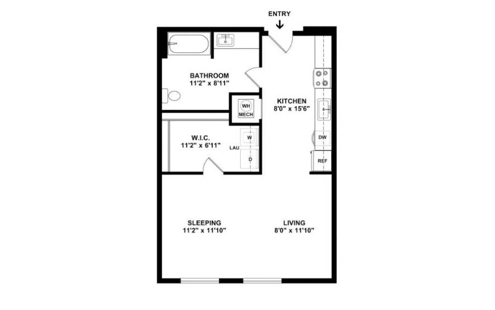 Studio B - Studio floorplan layout with 1 bath and 601 square feet. (2D)