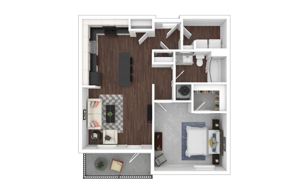 One Bedroom 1A - 1 bedroom floorplan layout with 1 bath and 694 to 702 square feet. (3D)