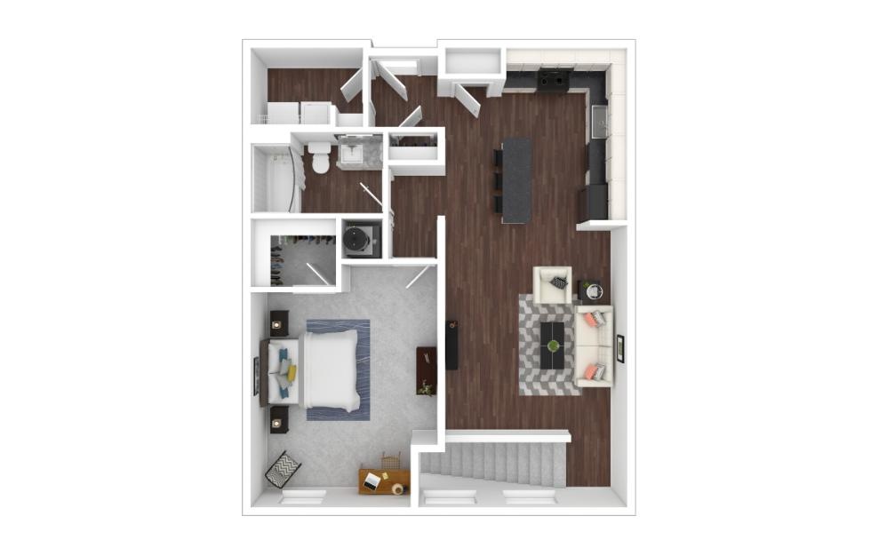 One Bedroom 1B - 1 bedroom floorplan layout with 1 bath and 872 to 882 square feet. (3D)