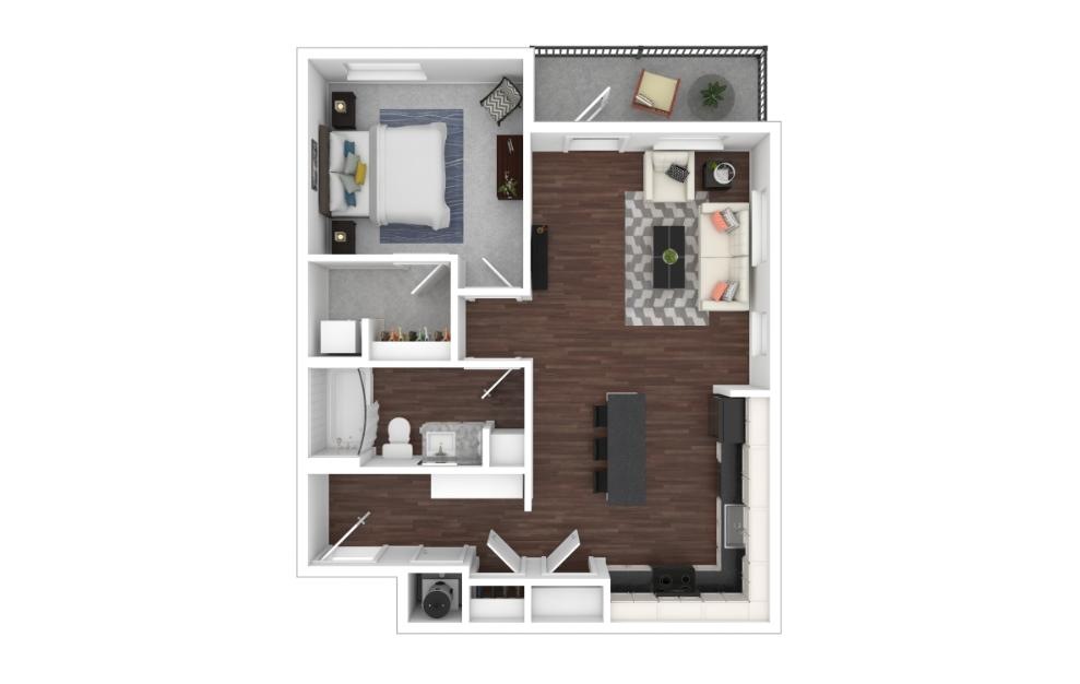 One Bedroom 1C - 1 bedroom floorplan layout with 1 bath and 703 square feet. (3D)