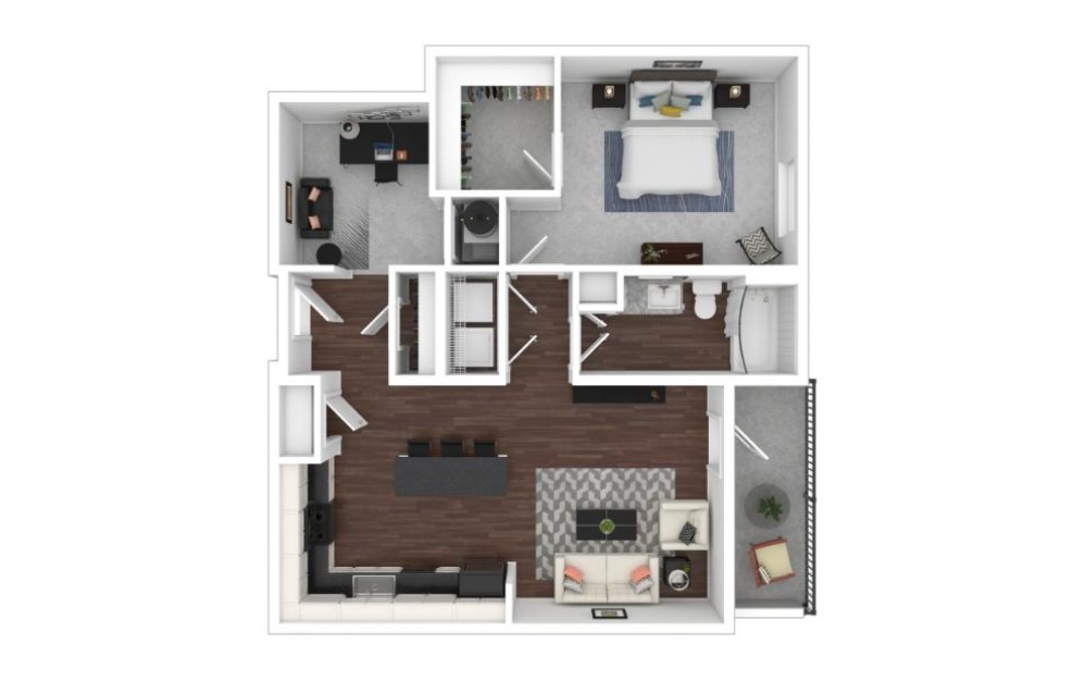 One Bedroom 1D - 1 bedroom floorplan layout with 1 bathroom and 786 square feet (3D)