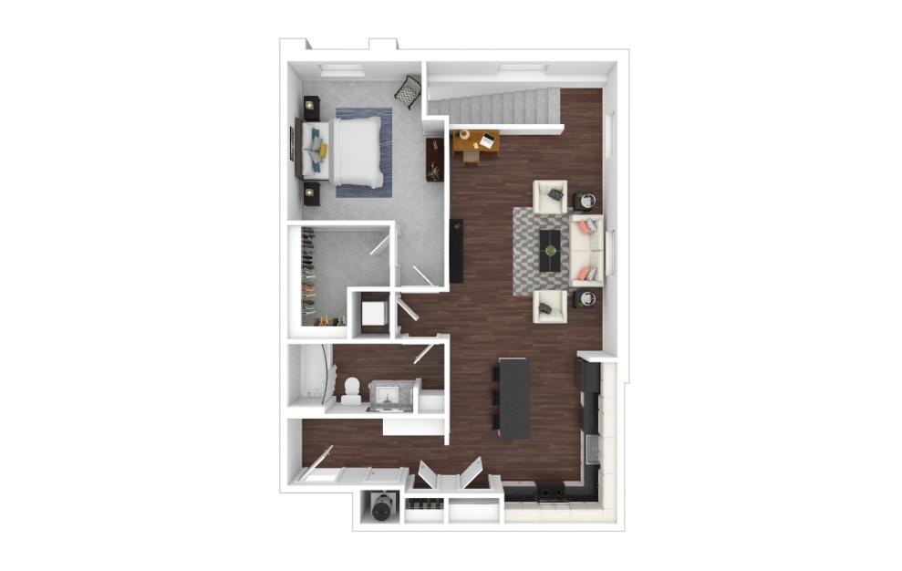 One Bedroom 1E - 1 bedroom floorplan layout with 1 bath and 876 square feet. (3D)