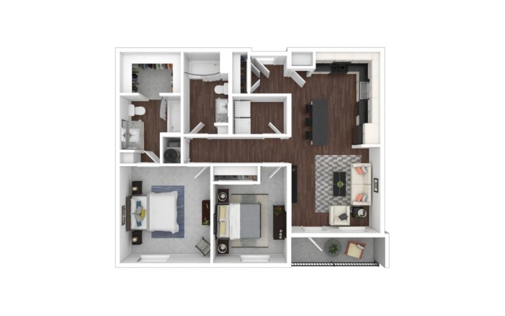 Two Bedroom 2A - 2 bedroom floorplan layout with 2 bathrooms and 932 square feet (3D)