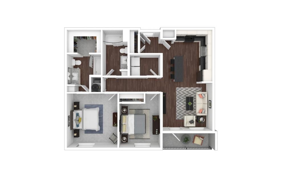 Two Bedroom 2A - 2 bedroom floorplan layout with 2 baths and 932 square feet. (3D)