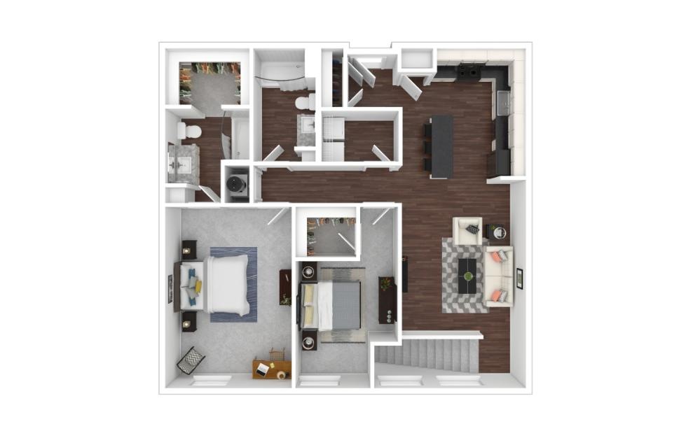 Two Bedroom 2B - 2 bedroom floorplan layout with 2 baths and 1145 square feet. (3D)