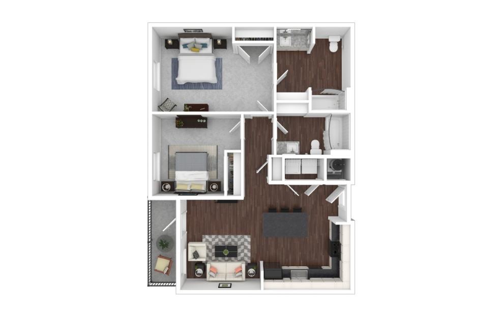 Two Bedroom 2C - 2 bedroom floorplan layout with 2 baths and 1003 square feet. (3D)