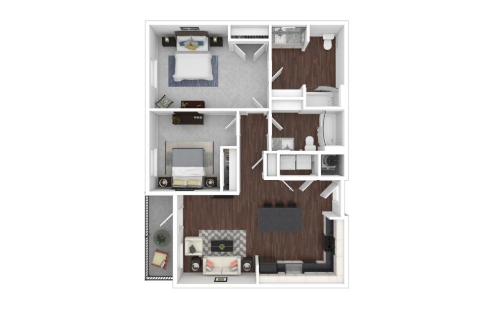 Two Bedroom 2C - 2 bedroom floorplan layout with 2 bathrooms and 1003 square feet (3D)