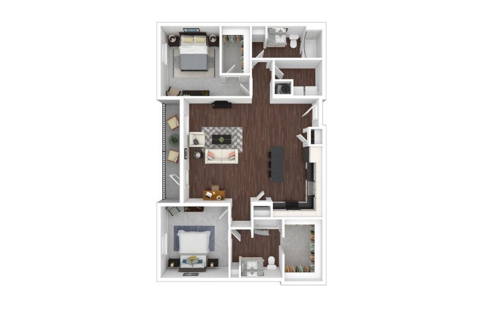 Two Bedroom 2D - 2 bedroom floorplan layout with 2 baths and 1178 square feet. (3D)