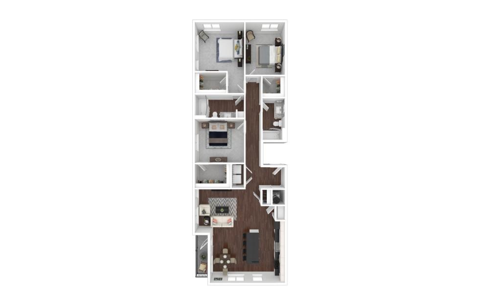 Three Bedroom 3A - 3 bedroom floorplan layout with 2 baths and 1273 square feet. (3D)