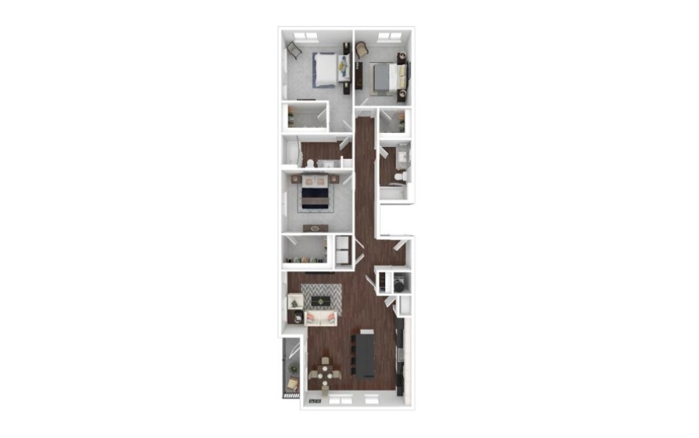 Three Bedroom 3A - 3 bedroom floorplan layout with 2 bathrooms and 1273 square feet (3D)