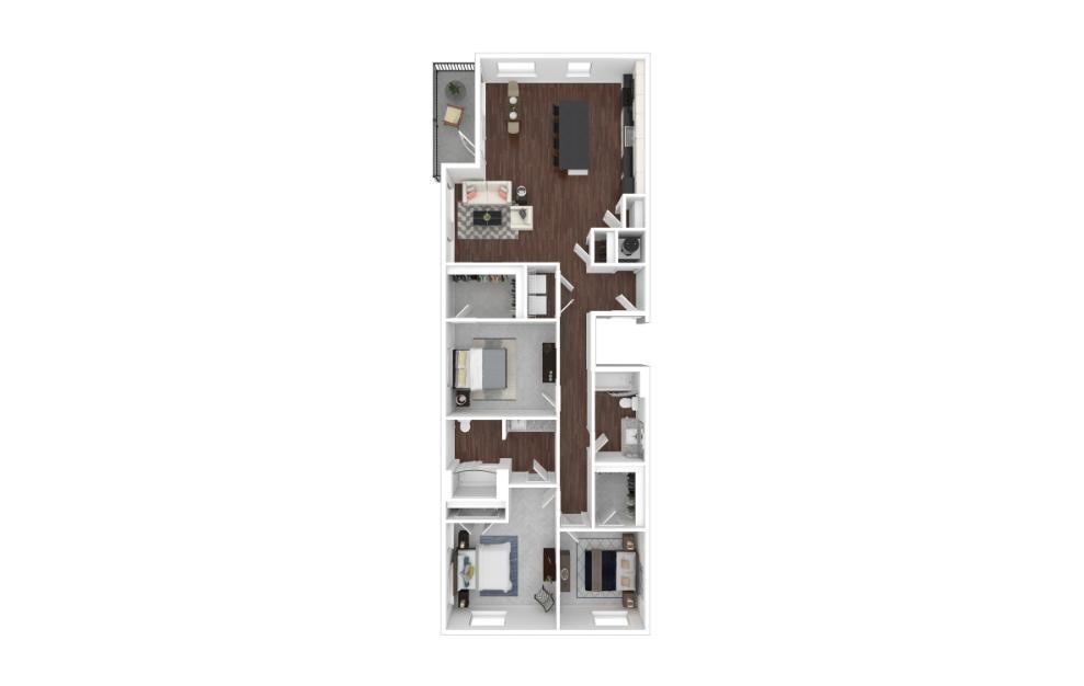 Three Bedroom 3B - 3 bedroom floorplan layout with 2 baths and 1366 square feet. (3D)