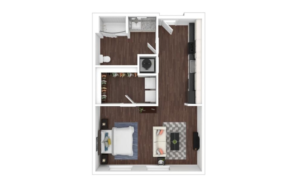 Studio B - Studio floorplan layout with 1 bathroom and 601 square feet (3D)