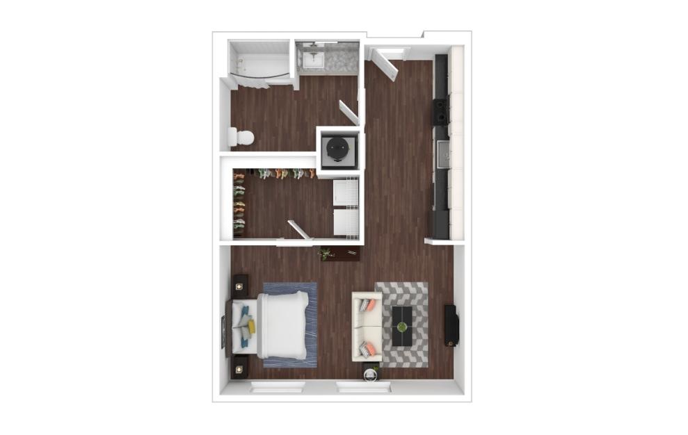 Studio B - Studio floorplan layout with 1 bath and 601 square feet. (3D)